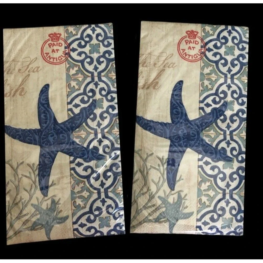 Blue Starfish Paper Napkins Hand Towels Decoupage 26 pk Set of 2 Beach Summer